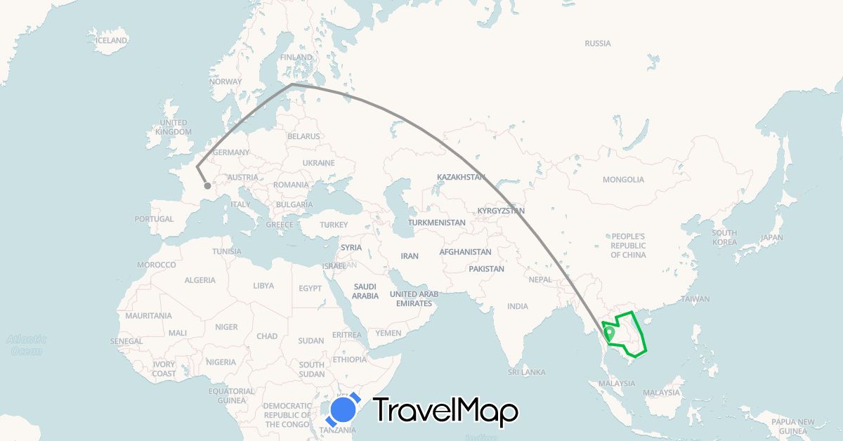 TravelMap itinerary: driving, bus, plane in Finland, France, Cambodia, Laos, Thailand, Vietnam (Asia, Europe)